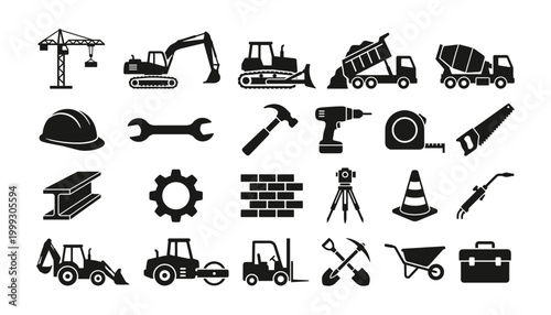 Construction and building industry equipment and tools collection, vector flat icons on transparent background.