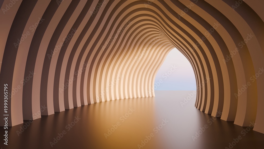 Fototapeta premium Abstract futuristic parametric architectural tunnel with wavy bionic structure and warm sunset lighting background