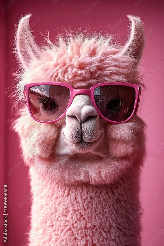Fototapeta premium fluffy pink alpaca with upright furry ears and dense curly fleece against a solid pink background, whimsical and playful mood