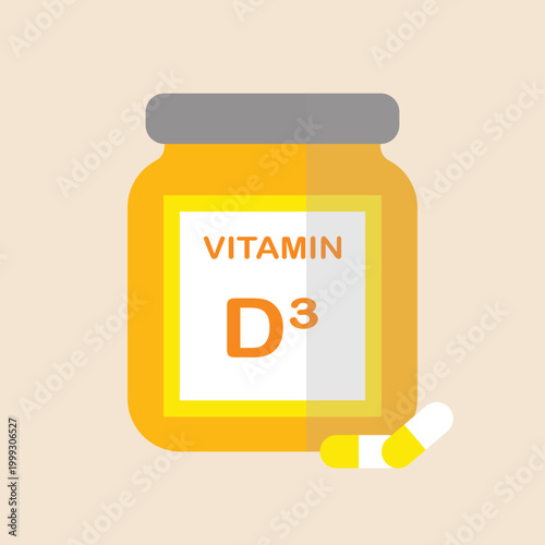 Vector illustration of a vitamin D supplement bottle with an orange color gradient. Sunlight, nutrition, sun, health, immunity, medical.