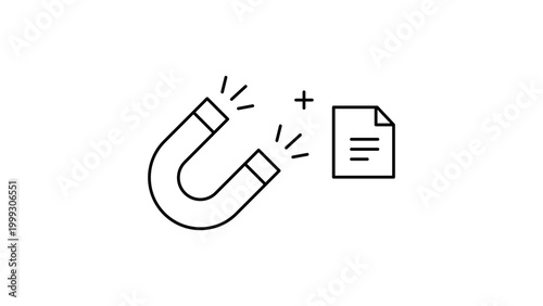 Lead Magnet Editable Stroke Vector Icon. Minimalist black line illustration of a horseshoe magnet attracting a document file, representing digital marketing, lead generation, and data collection.