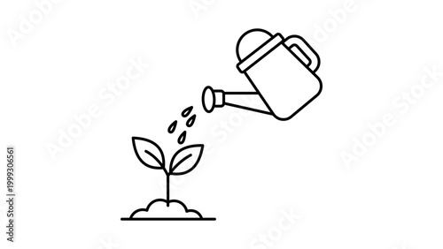 Tableau sur toile Minimalist Black Line Vector Icon of a Watering Can Nurturing a Small Sprout in Soil, Representing Growth and Care