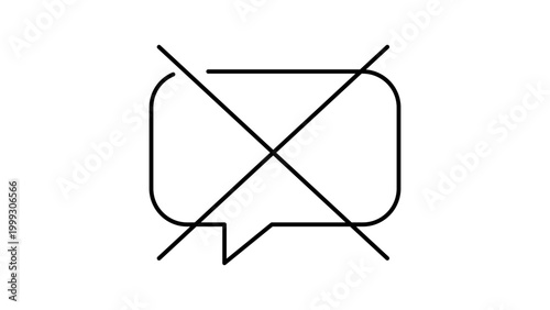 Minimalist black line vector icon of a crossed-out speech bubble on a white background, representing silence, mute, or no comments. This editable stroke vector icon is ideal for UI and web design.