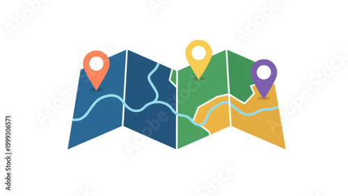 Colorful map with location pins in flat design style  