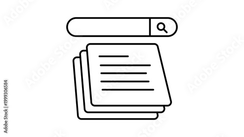Search Engine Results Page (SERP) Minimalist Black Line Vector Icon on White Background Representing a Stack of Documents and a Search Bar with Editable Stroke for Web Design, SEO, and UI.