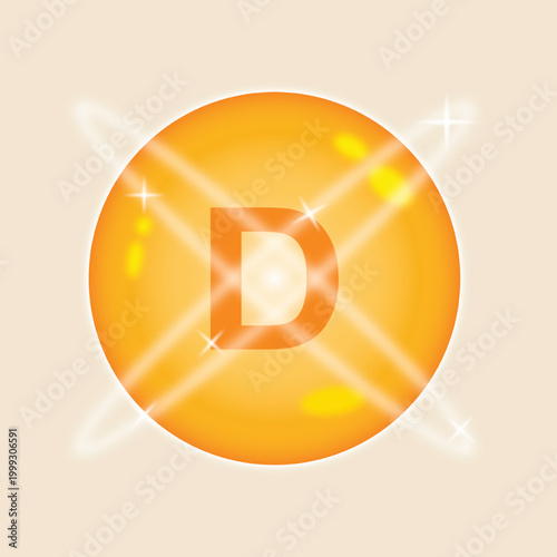 Vector illustration of a vitamin D icon in orange gradients. Sunlight, nutrition, sun, health, immunity, supplements, bubbles, medical.