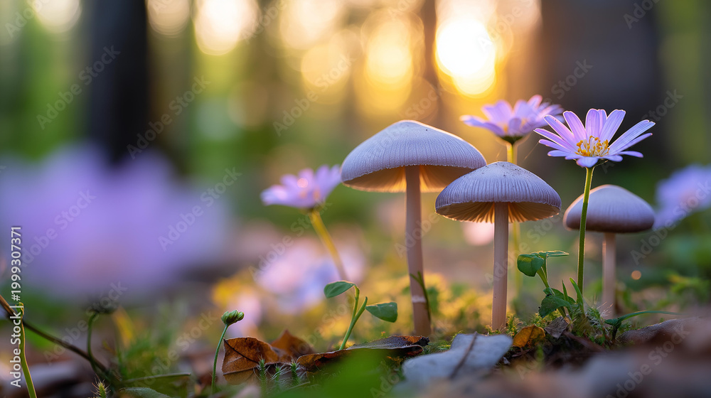 Fototapeta premium Whimsical scene of wildflowers and mushrooms in a forest at sunset, magical nature concept, woodland biodiversity, fairy-tale forest photography, defocused background, with copy