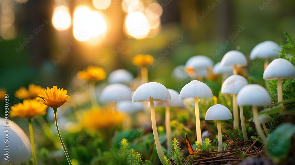 Obraz premium Whimsical scene of wildflowers and mushrooms in a forest at sunset, magical nature concept, woodland biodiversity, fairy-tale forest photography, defocused background, with copy