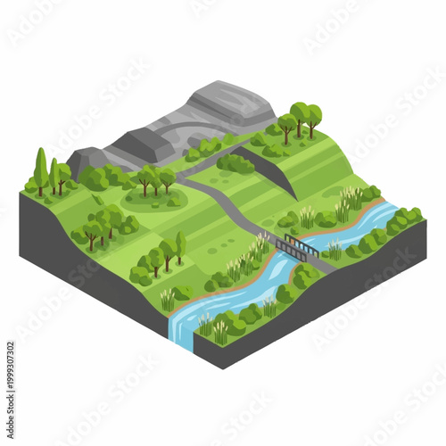 Photography Isometric landscape with river and bridge illustration.