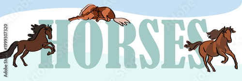 Huge letters spelling Horse and small horses, hand drawn vector illustration.