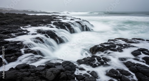 Ocean waves crashing over dark rocks.