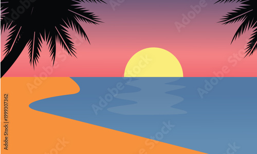 Tropical Sunset Beach Landscape With Palm Silhouette. Stylized tropical beach sunset with palm trees, calm ocean reflection and colorful sky, ideal for travel, vacation, and summer themed designs.