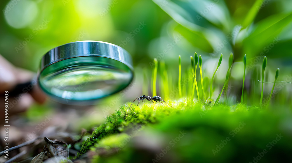 Fototapeta premium Close-up of a magnifying glass held over green grass and soil revealing tiny insects, citizen science concept, biodiversity study, nature exploration, defocused background, with