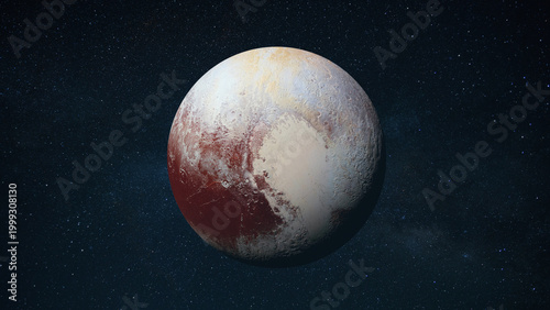 Fotografie planet Pluto, featuring its iconic heart-shaped glacier and reddish-brown rocky surface