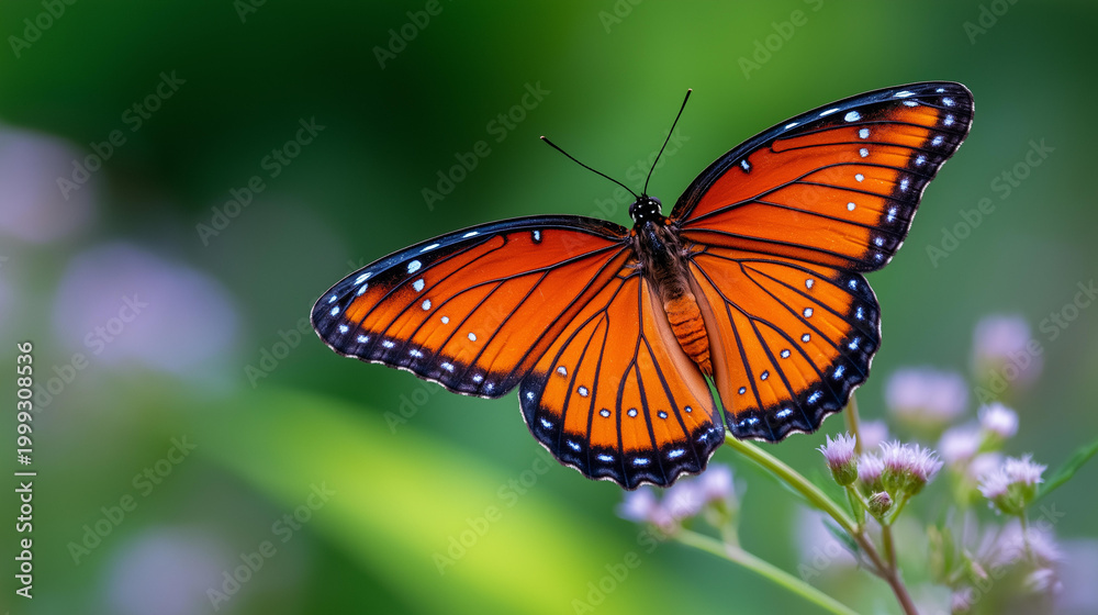 Obraz premium Macro close-up of a vibrant orange monarch butterfly resting on a wildflower with wings fully open, spring wildlife photography, nature macro concept, defocused green background,