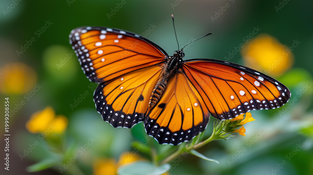 Fototapeta premium Macro close-up of a vibrant orange monarch butterfly resting on a wildflower with wings fully open, spring wildlife photography, nature macro concept, defocused green background,