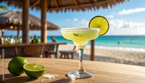 Margarita on a wooden bar with lime, beach background