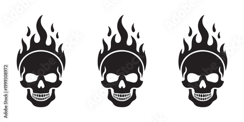 Flaming Skull Silhouette Icons Set Representing Fire and Death