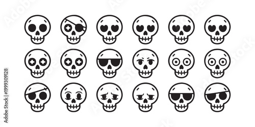 Cute Skull Emoji and Emoticon Line Art Icons Set