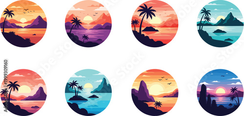 Eight oval shaped tropical island sunset landscapes with palm trees and water