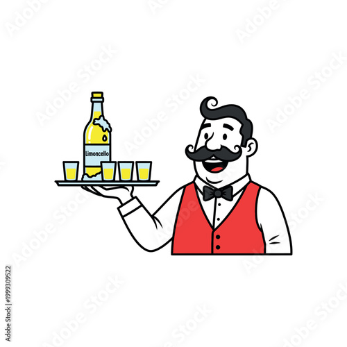 A smiling waiter in a red vest holds a tray with limoncello and glasses.