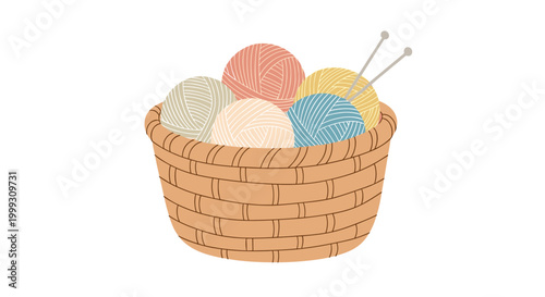 Illustration of a woven basket filled with colorful knitting wool and needles on a white background