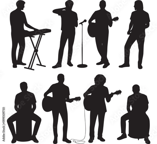 Musical Band Silhouette Set Featuring Musicians Playing Guitar Keyboard and Percussion on Isolated White Background