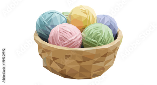 Colorful balls of wool in a geometric basket, perfect for knitting projects, isolated on a white background