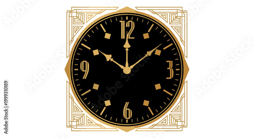 Elegant art deco clock with gold detailing showing midnight against a black circular face, set within an ornate geometric frame on a white background