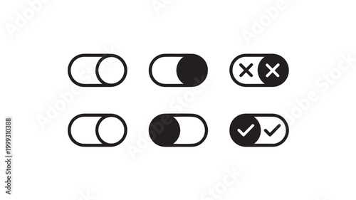 Modern UI Toggle Switch Icon Set with On and Off States Featuring Checkmark and Cross Symbols on Isolated White Background