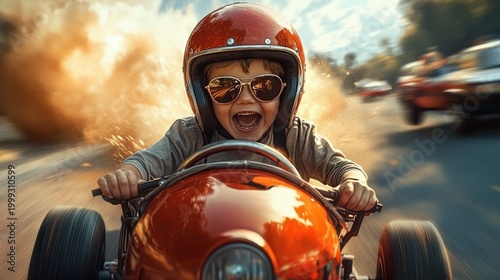 front view of a focused driver in a glossy red vintage open-wheel race car speeding through a dusty track with intense motion and adrenaline