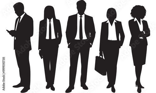 Diverse Business People Silhouettes in Formal Suits Standing on White Background