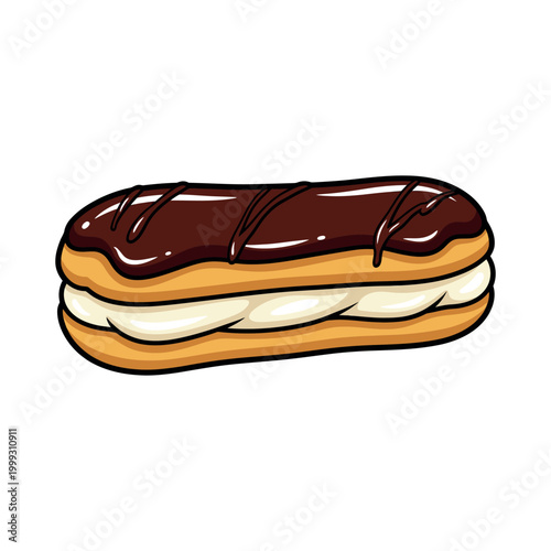 Illustration of a chocolate eclair pastry on a white background with cream filling.