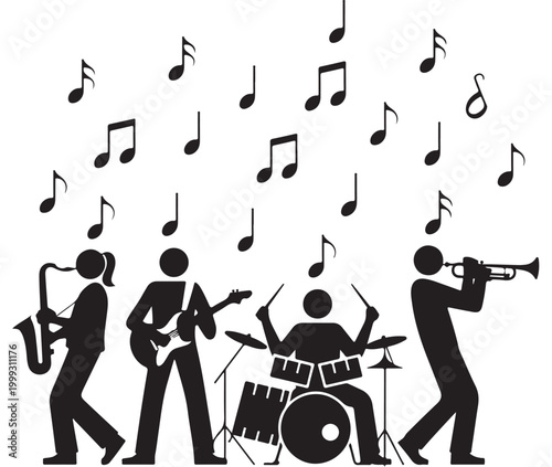 Professional Music Band Silhouette with Live Performers and Musical Notes on White Background