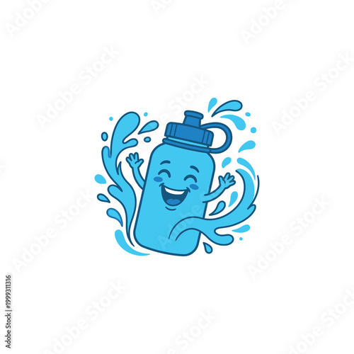 A cheerful cartoon water bottle dances with joy, surrounded by splashing water droplets.