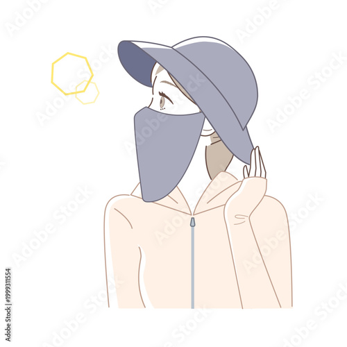 フェイスカバーと帽子で紫外線対策をする女性（完全防備・日焼け防止）