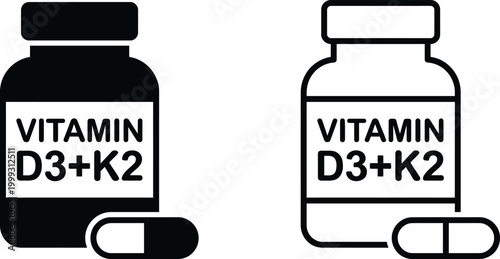 Vector icons of vitamin D3+K2 supplement bottles and capsules in solid black and outline styles.