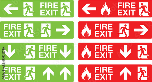 Fotografia A collection of fire exit signs in green and red, featuring a running person pictogram and directional arrows pointing left, right, down, and up, some with a flame icon