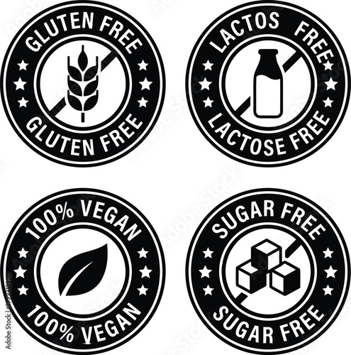 A set of four black and white circular icons indicating dietary restrictions and healthy lifestyle choices: gluten-free, lactose-free, 100% vegan, and sugar-free.