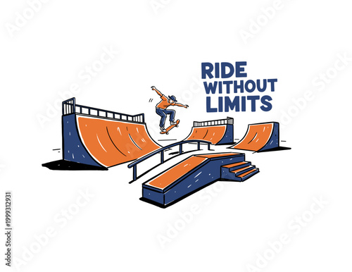 Skateboarder jumping in skate park. Ride without limits motivational quote. Extreme sports illustration. Urban street style graphic design.