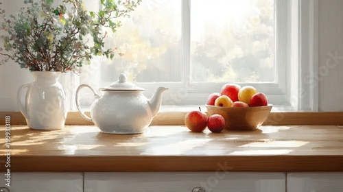 sunlit kitchen windowsill with white teapot, ceramic pitcher of greenery, wooden bowl of red and yellow apples and a warm peaceful morning glow