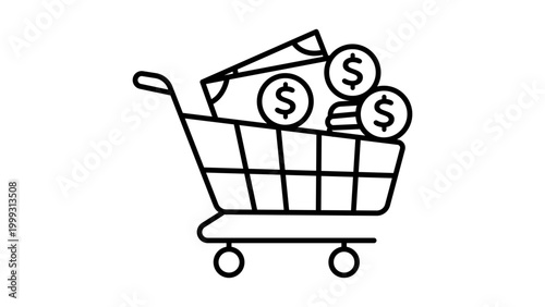Bild auf Leinwand Consumer Spending and Retail Economy Concept: A Minimalist Black Line Vector Icon of a Shopping Cart Filled with Money and Dollar Coins on a White Background with Editable Stroke Illustration