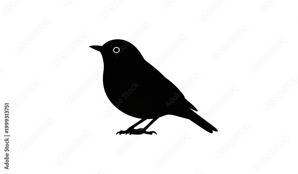 Fototapeta premium Perched warbler bird silhouette in calm resting pose vector illustration isolated on white background