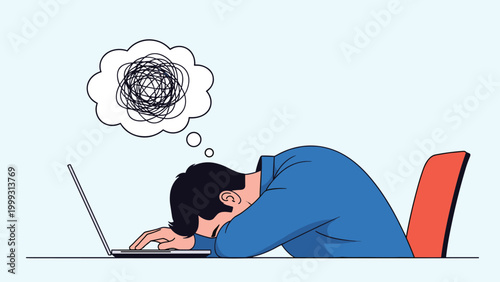 Overworked male employee falls asleep on his laptop at his desk with a chaotic scribble bubble showing mental fatigue and stress.