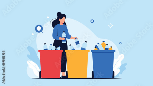 Environmentally conscious woman sorts plastic water bottles into different colored recycling bins to promote sustainability.
