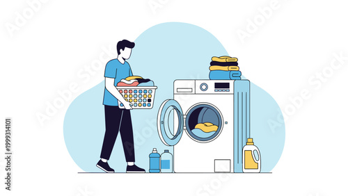 Responsible man carries a basket of dirty clothes towards an open washing machine in a laundry room setting for housework.