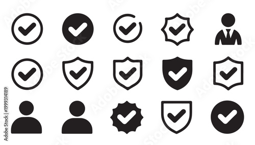 Verified check mark shield user and circle icons black and white colors.