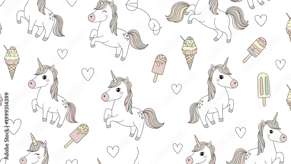 Fototapeta premium Charming seamless pattern of white unicorns, colorful ice cream cones, popsicles, and small hearts on a white background.