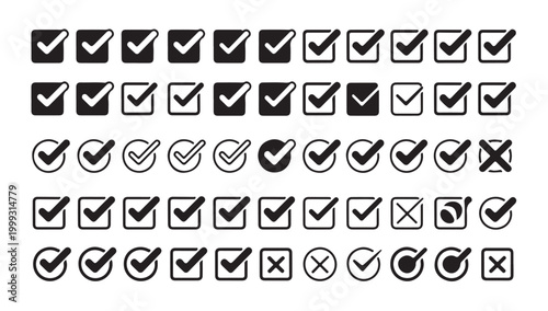 Checklist box and circle icons set for survey forms and task management vector silhouette.