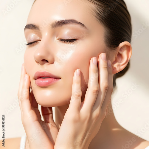 Woman with closed eyes touching her face gently isolated on white background